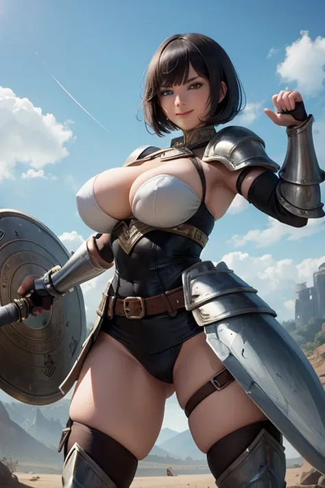 Warrior, battle pose, big breasts, curvy, smile, bob haircut, sexy armor, sword and shield 
