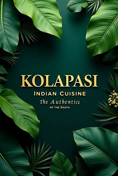 Classy Banana leaf background and the restaurant name Kolapasi Indian Cuisine with tag line the authenticity of the south