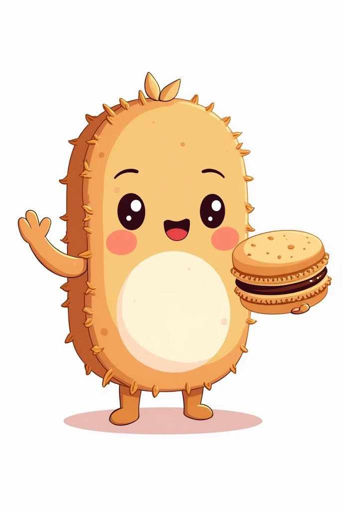 Make me a full body mascot logo about coconut macaroons make the mascot hold the macaroons and make the backround white make it a human