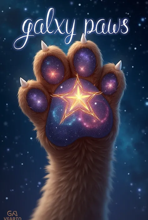 Draw a dog paw using a star made of threads and some letters that say "Galaxy Paws" above 