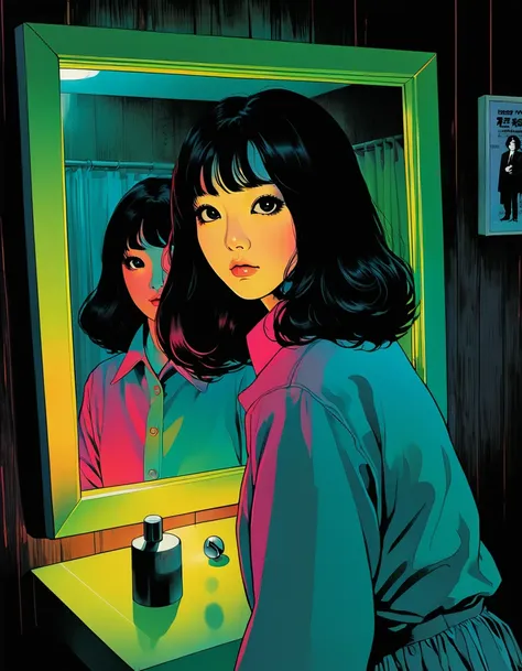 An illustration、art、70s horror movie posters, Inuki Kanako、Attention to detail, Analog Style, chromatic aberration, Surrealism、Complementary Gradient、Pitch black eyes、Middle-aged men、mirror、