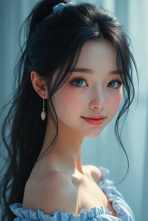 1girl, beautiful detailed blue eyes, long black hair in ponytail, detailed face, smiling expression, minimalist background, abstract, (best quality,4k,8k,highres,masterpiece:1.2),ultra-detailed,(realistic,photorealistic,photo-realistic:1.37),HDR,UHD,studio...