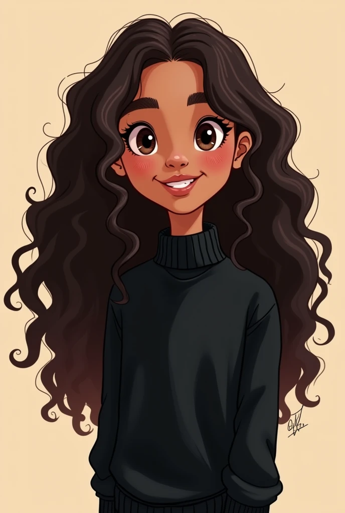 I want you to create a  with light brown skin., dark brown eyes, long curly hair and wearing a black sweater in cartoon 
