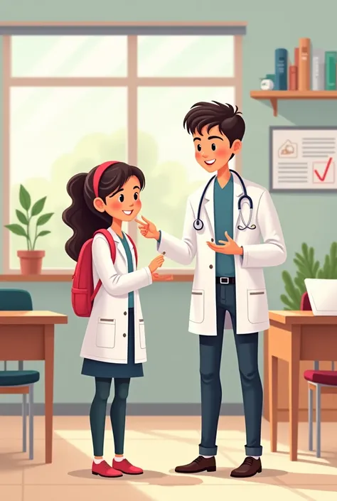 I am looking for an illustration of a student with allergies and a teacher curing her. Drawing style: Modern and vector, with smooth, clean lines, and vibrant colors. Cartoonish but realistic. Color: Using a palette of bright and contrasting colors that ar...