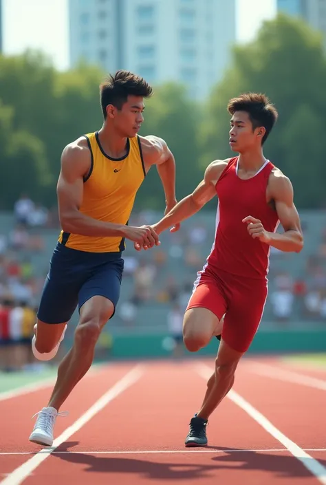 Boys passing relay baton in track 