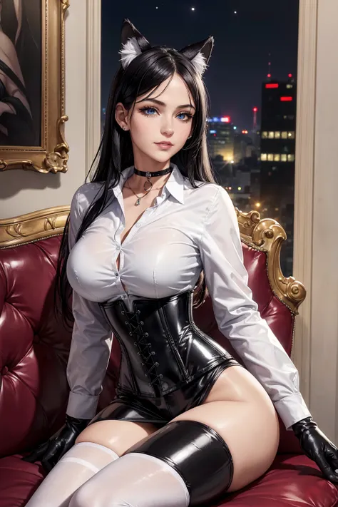 masterpiece, Superior image quality, High resolution, 4k image,photo and gross, photorealistic, whole body, 1 girl, sitting on a sofa, holds a glass of wine, big breasts, beautiful face, wolf ears, long black hair, blue eyes, very detailed eyes, seductive ...