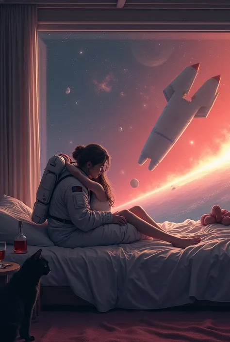 An astronaut sitting on a space-style floating bed, In the same bed there is a girl who just got up behind him and hugs him, Next to them is a table where he finds a bottle of alcohol and a glass, On the floor another broken glass with spilled alcohol, und...