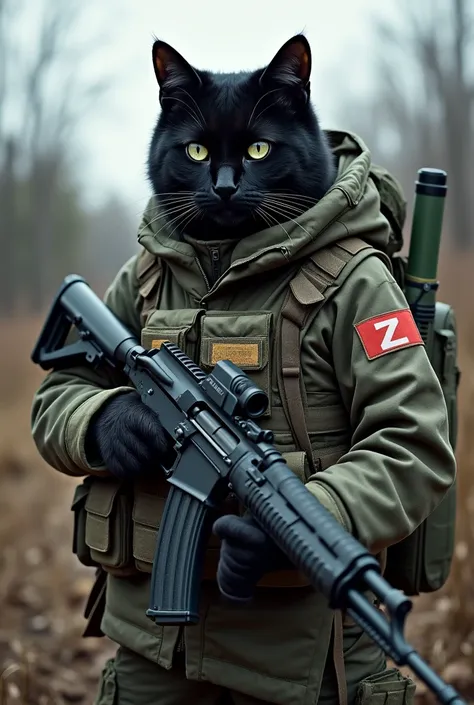 Create a black cat fighting against Ukraine. He is wearing Russian camouflage clothing and has an AK in his hand and an RPG on his back. He is wearing a bulletproof vest with the letters Z. He is wearing a helmet with night vision and an AK with an extende...