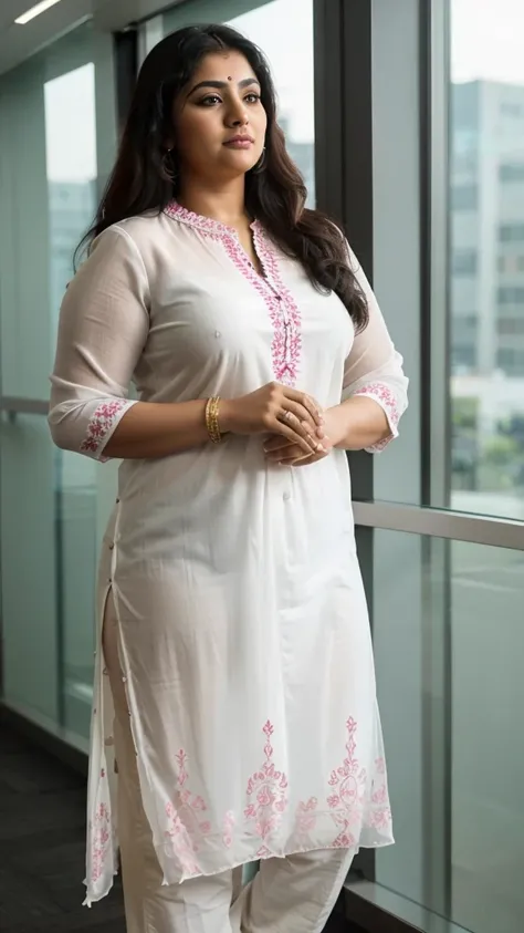 Day scene, A radiant, full-figured South Indian 3 aunty a white colour chiffon fully transparent kurta ,standing, in a office captured in a full-body image with vibrant hues and meticulous details. Full body image