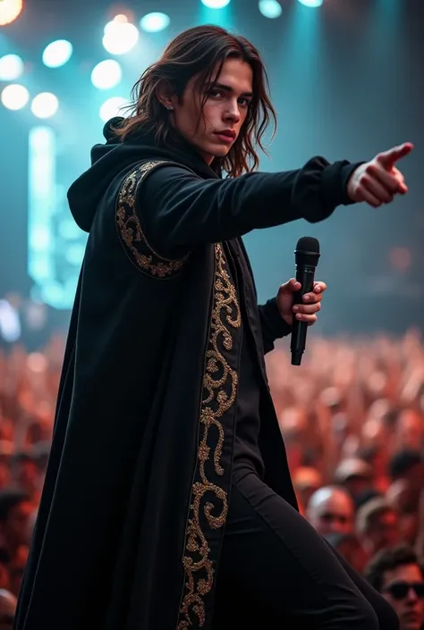 artwork best quality handsome american male teenager long brown hair light skin with black cape and hooded coat on head with gold accents black long sleeve shirt and black pants underneath intricate details singing holding a microphone seen from afar point...