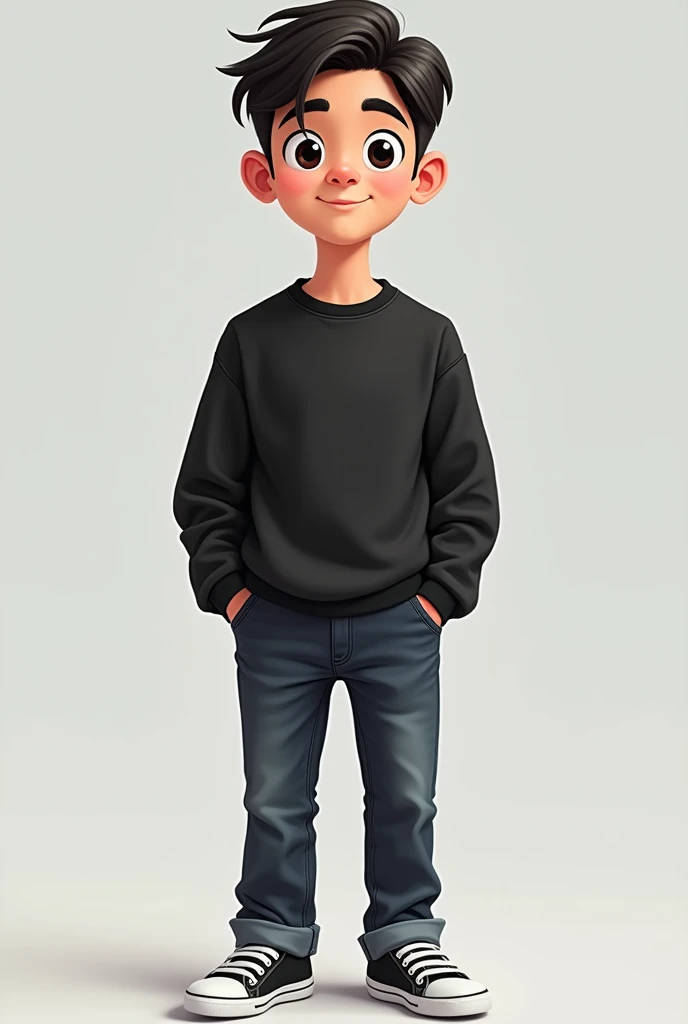 Young man in black sweatshirt dark jeans and black and white shoes short black hair black eyes in cartoon