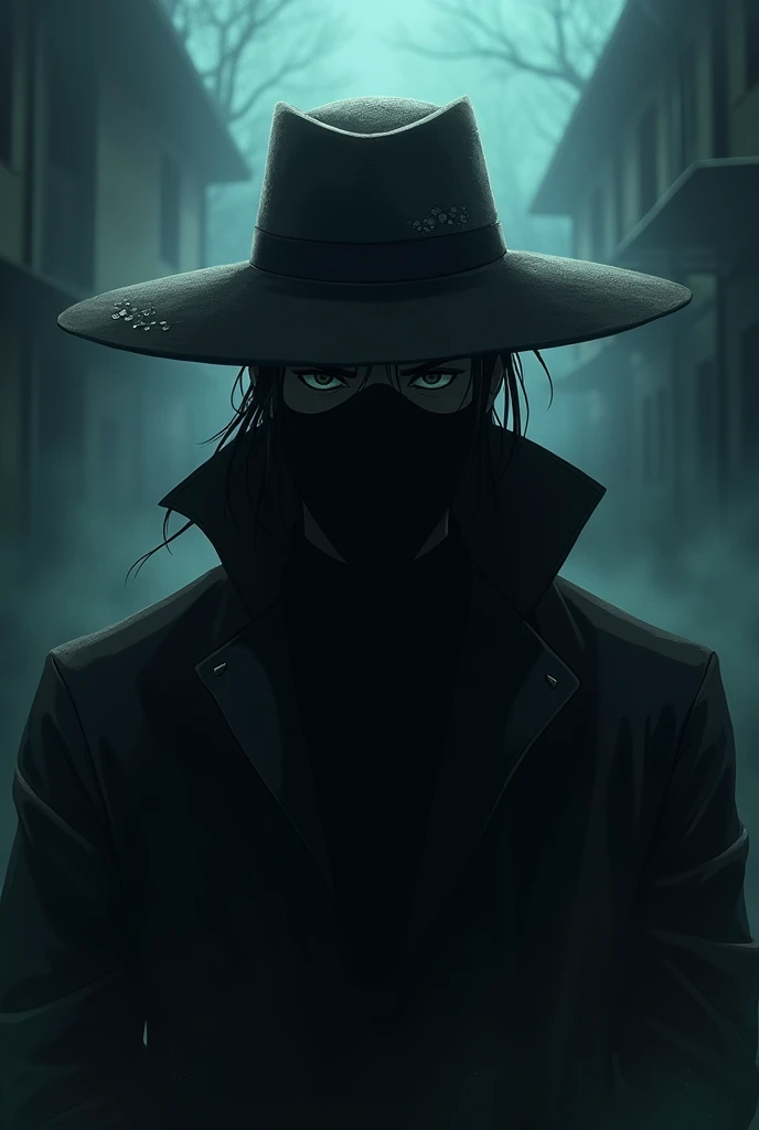 A mysterious man with a hat and mask in an anime style