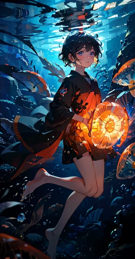 (The pieces fly), (Highest quality), Very detailed, (1 person:1.4), Solo full body shot, Perfect Face, beautiful girl, Very detailed顔，(Black short hair:1.5)，(blue eyes:1.4)，(float:1.4)，(Underwater:1.4)，(float:1.3)，seabed，Fish school，Light，jellyfish，Seaweed...