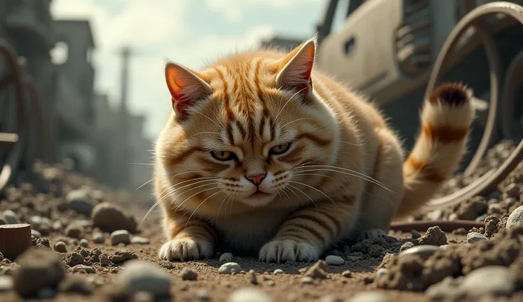 Outside the wreckage, the chubby cat, covered in dust and tears streaming down his face, frantically searches for his injured kitten amid the twisted metal.