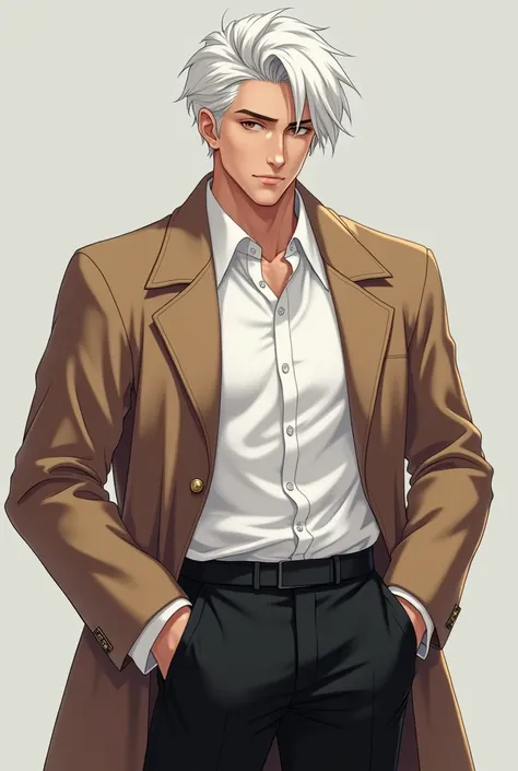 Give me a handsome guy with white hair, has a white shirt, black pants, cute anime brown overcoat, pose with hand on waist