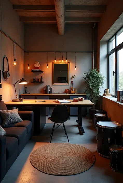 Room, bare concrete, exposed ceiling, large workbench, black sofa, orange indirect lighting, dressing room, cat, musical instruments, drums, black drums, large drums, drums, musical instruments