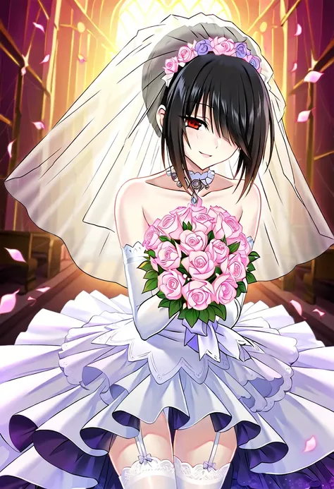 tokisaki kurumi,((masterpiece)),(((best quality))),((ultra-detailed)),((illustration)),((disheveled hair)),((frills)),(1 girl),(solo), 1girl,bouquet,breasts,dress,elbow gloves,flower,garter straps,gloves,heterochromia,pink flower,pink rose,purple rose,rose...