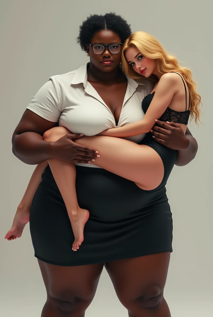 Create a realistic image of a 20 year old woman, obese, with black and dark skin, wearing a white shirt and black skirt and glasses, lifting a 2 woman from the ground and carrying her on her shoulder, who is lying on their back, with light white skin, blon...