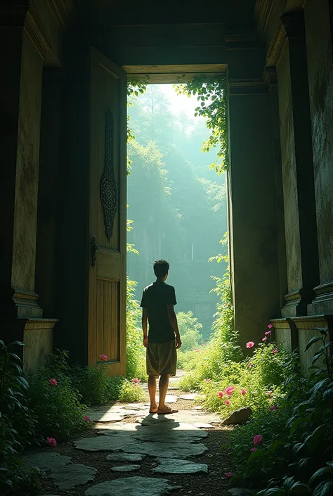 "Person opening door revealing abandoned temple in flowers . High contrast lighting, wide angle lens, técnica de matte painting, Roger Deakins style, ray tracing, --ar 16:9 --q 2 --v 5.1"