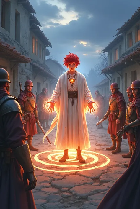 Fantasy Art, DND cover art, role playing art, dungeons and dragons Arte tipo manga, Young red-haired cleric wizard in white robes healing allied soldiers with magic circles of light in a ruined village