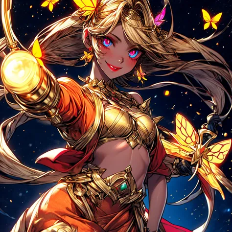 1 mature female, adult tanned women, a sparkling night sky, glowing butterflies, {{{blonde hair}}}, {{{golden glowing eyes}}}, {{orange lips}}, {{golden shimmering dress}} golden clothes, holding a golden staff, golden jewellery, small smile, {best quality...