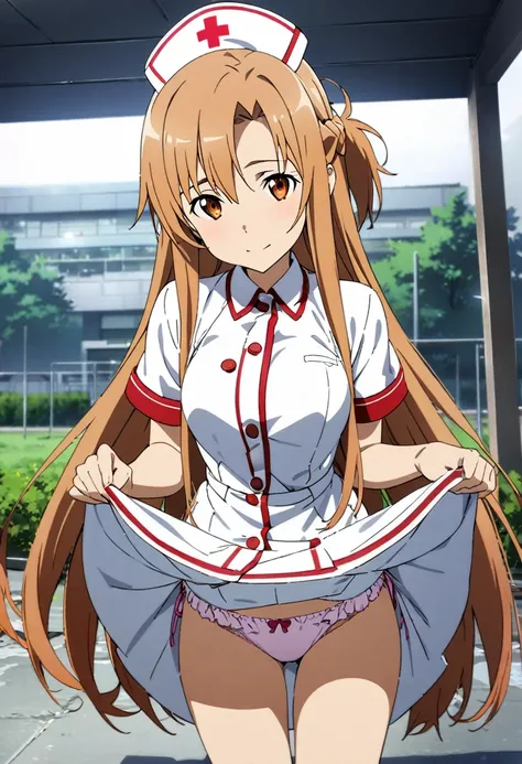 1girl, asuna (sao), sword art online, ,nurse,skirt lift,frilled panties,school ground,masterpiece, best quality, absurdres,