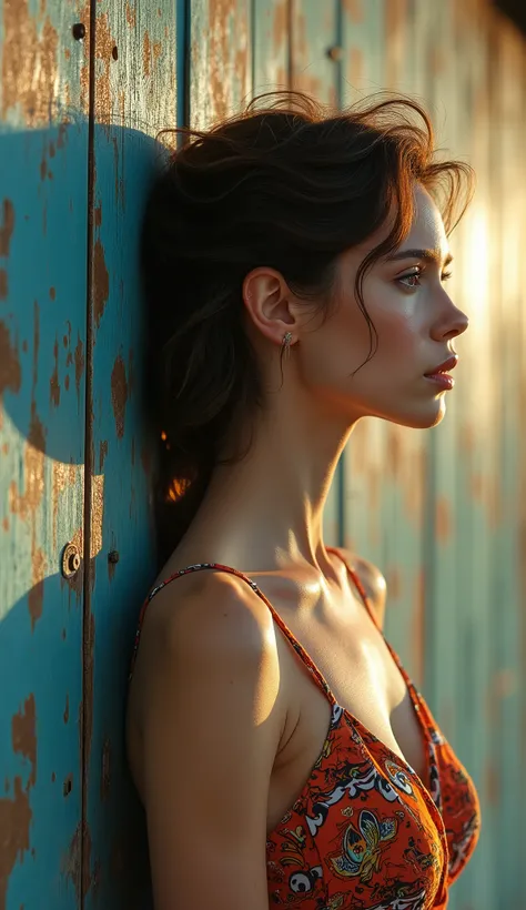 a profile of an ultra beautiful woman against an old painted clapboard wooden advertising sign, with the expression of slight pain and desire, wearing a graphic print summer dress, weathered sign, pealed, old sign, 8k resolution