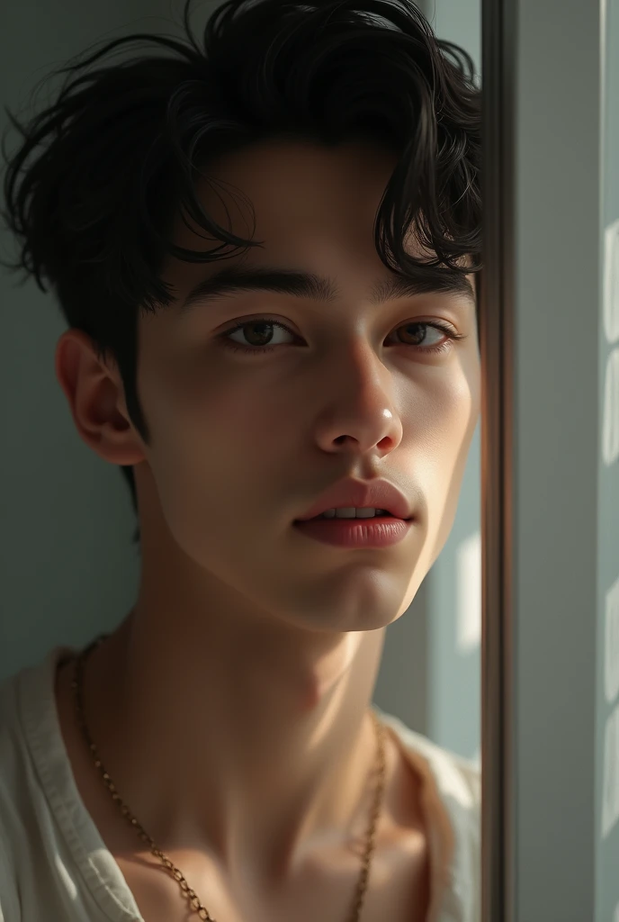 HUMAN. Male, white skin, black hair, medium thin, black eyes. seventeen years. Boyfriend material. Very real face, Bambi eyes. Picture in The mirror