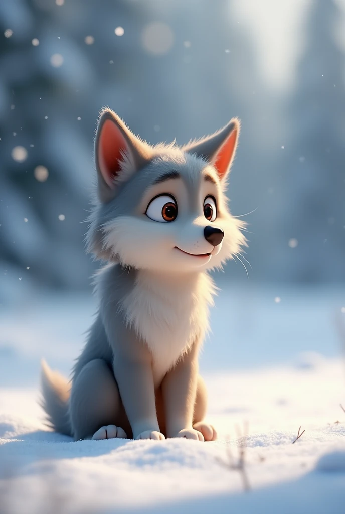 An animated wolf.  very tender. That is asking for food The background must be in the snow