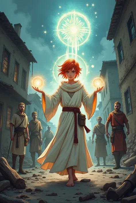 Fantasy Art, DND cover art, role playing art, dungeons and dragons Arte tipo manga, Young red-haired cleric wizard in white robes healing allied soldiers with magic circles of light in a ruined village with zombies