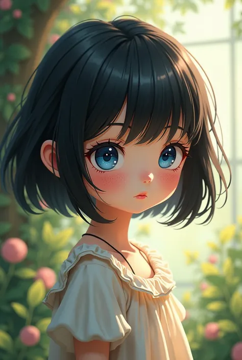 short girl, with black hair, blue eyes, White skin, freckled and vitiligo in anime