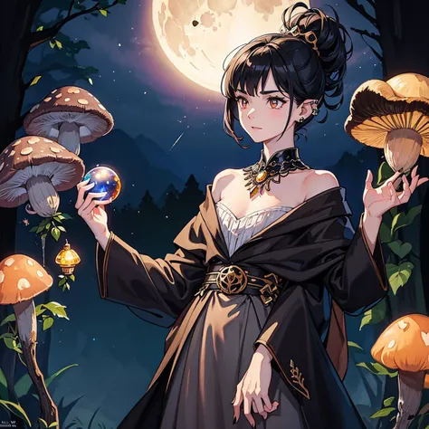 A beautiful witch with amber brown eyes, small slanted eyes, a small mouth, pale skin, a pixie cut shaved black hair, an eyebrow piercing, an ear piercing, gazing into a luminous crystal ball, in a nighttime forest, with an owl nearby, mushrooms scattered ...