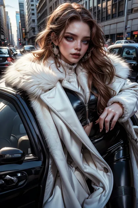 a beautiful young woman with long red hair, lora_emma, wearing a tight black latex two piece suit, a white fur coat, and sunglas...