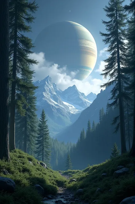 A quiet forest with high mountains and Saturn galaxy. 