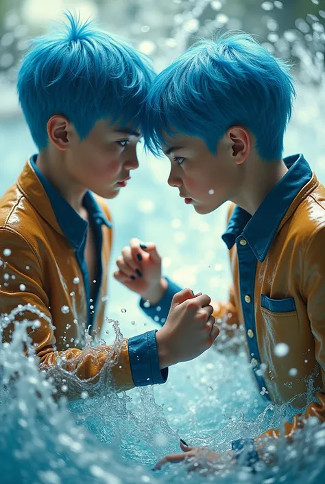 2 boy with blue hair, black nails, classic 60s clothing, in a fighting pose dominating the water element 