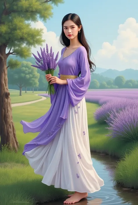 full length A beautiful, sweet, and gentle young woman of 20 years old, wearing a purple and white Dusit Thai dress, a gold belt, a long white skirt with purple sparkles, flowing, holding a bunch of lavender flowers, in the middle of a small meadow with a ...