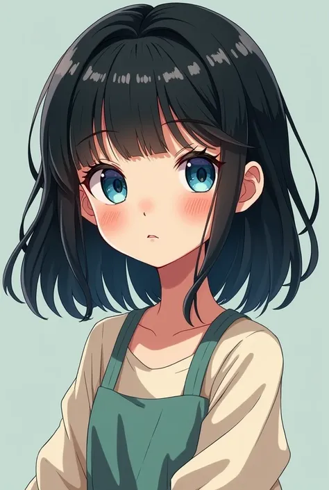 short  girl, with black hair, blue eyes, White skin, freckled and vitiligo in anime