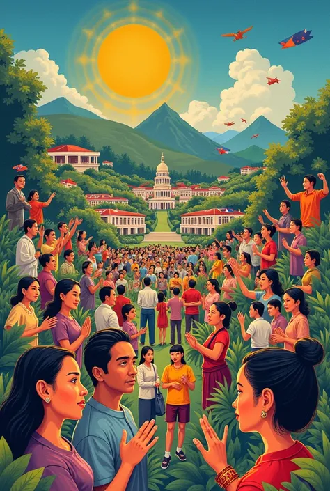 make a poster connectimg different element and images about cultute in philippines, image of society, and image of politics. the common poster making