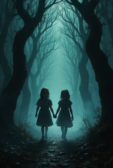 In a dark, eerie forest, Hansel and Gretel, pale and emaciated, wander through the shadowy trees. Their expressions are filled with despair and fear