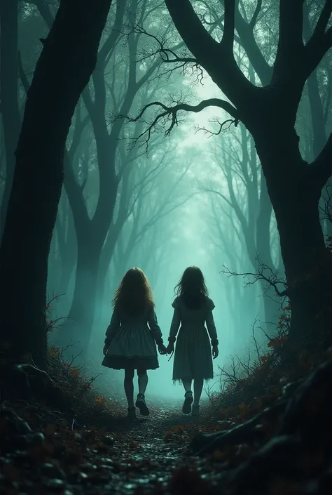 In a dark, eerie forest, Hansel and Gretel, pale and emaciated, wander through the shadowy trees. Their expressions are filled with despair and fear