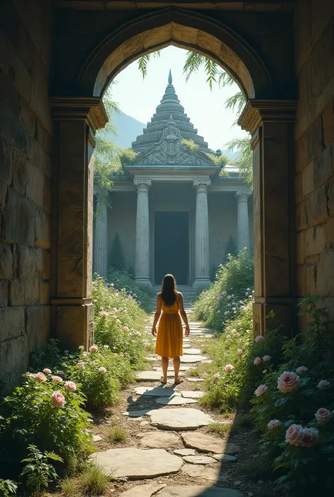 "Person opening door revealing an abandoned temple in a flowerbed . High contrast lighting, wide angle lens, técnica de matte painting, with EXTREME GENERAL PLAN, --ar 16:9 --q 2 --v 5.1"