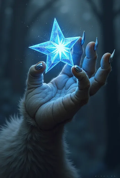 Draw a wolf&#39;s paw holding a star-shaped gem with some threads with the word "GalaxyPaws" above 