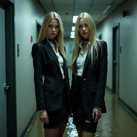 A dramatic photograph taken in an office setting features two different slender business ladies, each with a model appearance, blonde and brunette stand in flirty poses on the muddy floor. Their very long, straight hair is disheveled, stained in liquid mud...