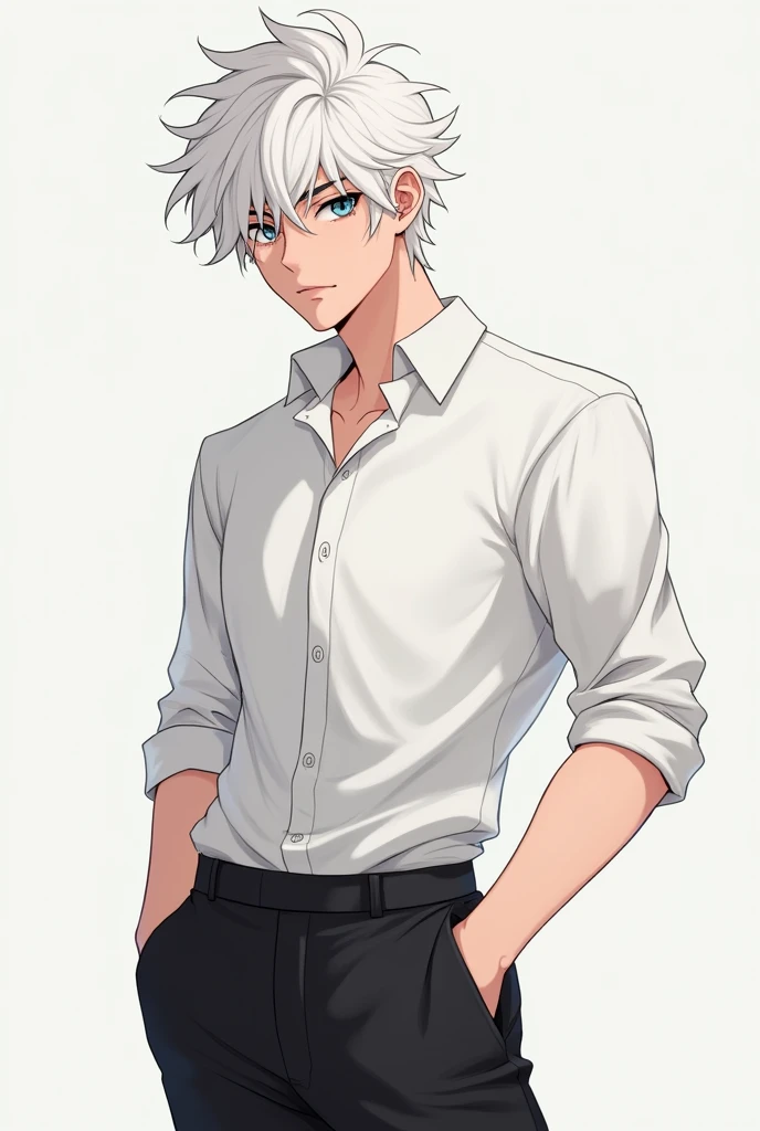 Give me a handsome guy with hairy, messy white hair, has a white shirt, black pants cute anime posing 
