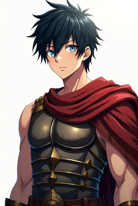 Anime drawing male character with black hair and blue eyes talking in gladiator outfit, white background, half body facing forward 