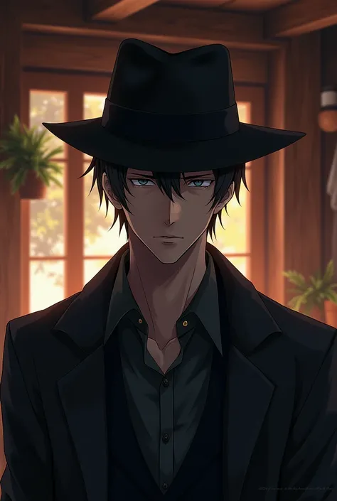 A man wearing a hat with a mysterious air with an anime style in a wooden house 