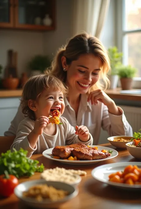 Happy child eating healthy food at home with mom based on meat 