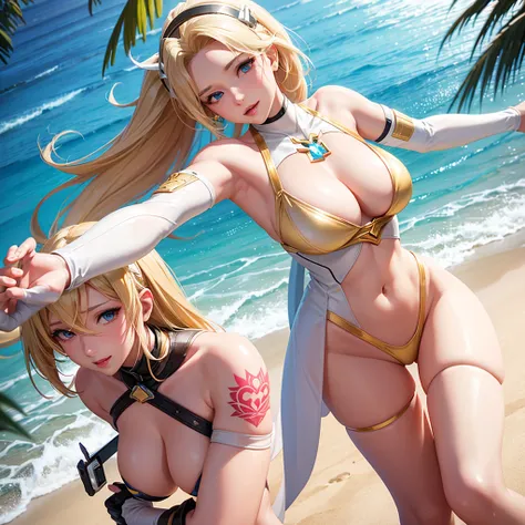 Mercy from Overwatch doing a provocative poses on a sunny exotic beach. white and golden skimpy ,tight,see through,micro bikini, blue eyes,long blonde hair,naughty smile,small waist, thick thighs, big round hips, big breast, bright golden jewelries and ful...