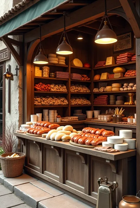 Butcher shop where dairy products and sausages are displayed for sale.