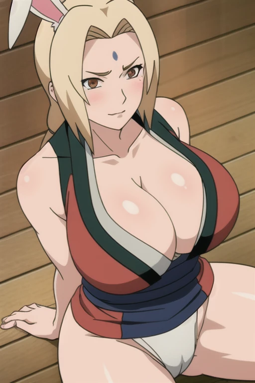 alone focus, alone, close, View your viewers,((In underwear)),long knee high boots,((tsunade)), 1 person,((tsunade milf physique)),(Forehead mark ), high twintails,blondes, eye, smile, from the front,Huge breasts,Thick thighs,((Sharp details High resolutio...